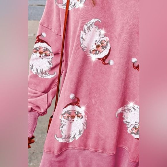 Carnation Pink Sequin Santa Drop Shoulder Slit Sweatshirt - Picture 2 of 3